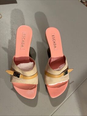 Escada Pink Footbed Beige Woven Slide Mules with Tan Buckle Trim-3” heels